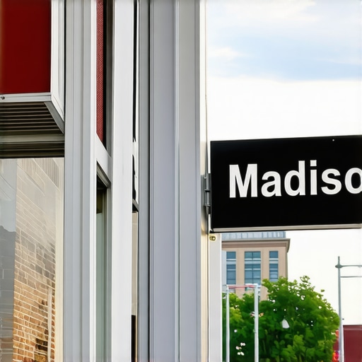 Vibrant Madison city street with local business storefronts and community murals