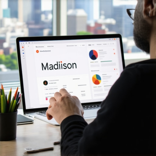 Local SEO Maintenance Tools in Action Person analyzing local SEO metrics on a laptop with Madison background