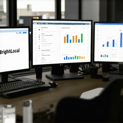 A person working at a desk with multiple SEO dashboard screens showing analytics and rankings.