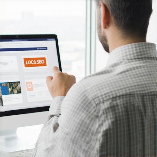 Marketing professional analyzing local SEO performance on computer with Madison cityscape