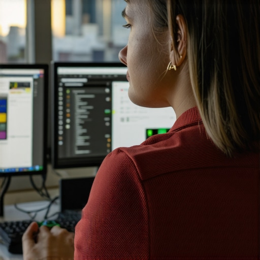 A digital marketer reviewing SEO analytics on multiple monitors with Madison cityscape in the background