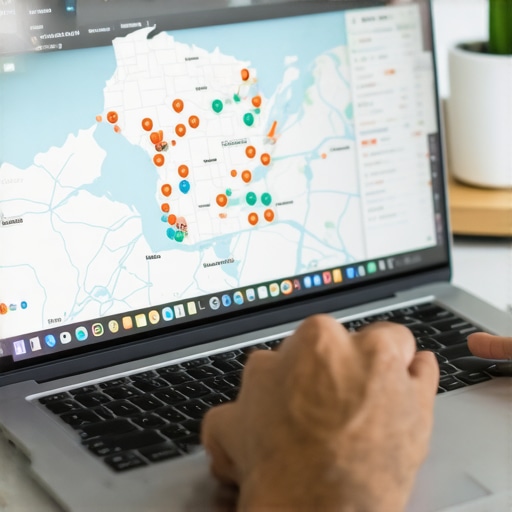 Digital marketer reviewing local SEO and Google My Business data with Wisconsin map