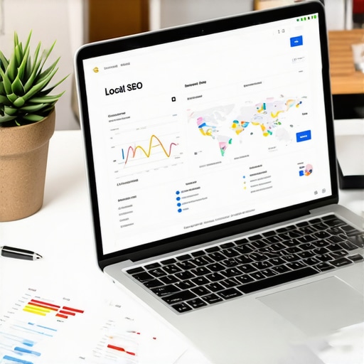 A workspace with a laptop showing local SEO analytics, maps, and marketing reports.