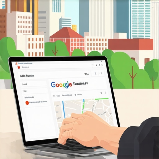 Business owner updating Google My Business profile with Madison landmarks in background.