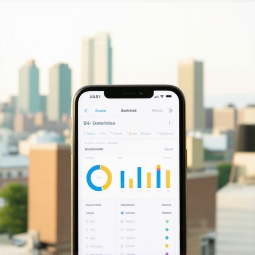 Smartphone displaying SEO analytics with Madison cityscape