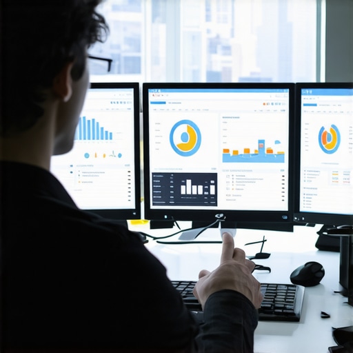 Analyzing Local SEO Data in Madison A digital marketing professional reviewing multiple screens showing local SEO analytics and Madison city skyline.