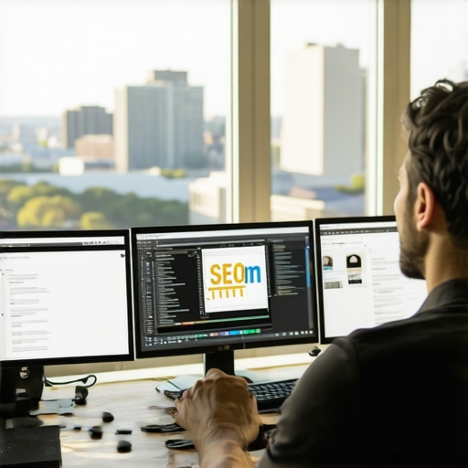 Close-up of a marketer using SEO software with Madison background