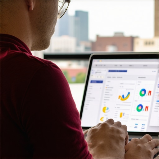 Business owner analyzing Madison local SEO performance with laptop and city skyline