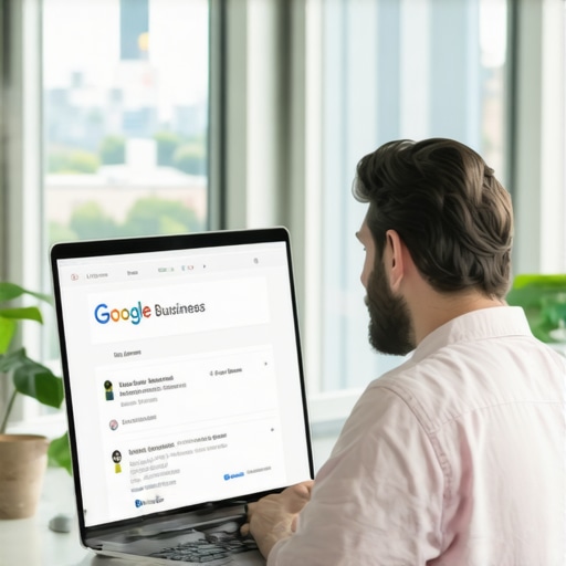 Madison business owner updating Google profile on laptop with city skyline behind.