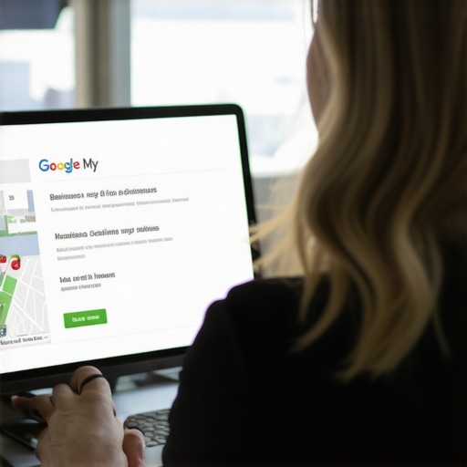 Person updating Google My Business profile on computer with Madison city view.