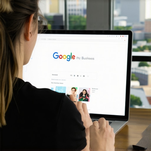 Person updating Google My Business profile on a laptop with Madison cityscape