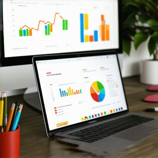 Person analyzing local SEO data on multiple screens with Madison cityscape in background