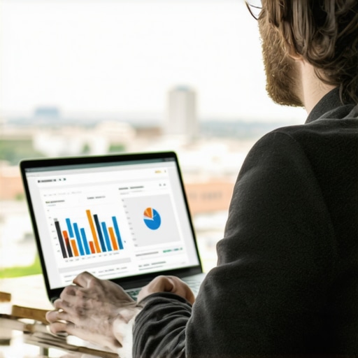 Business owner analyzing local SEO data and inventory on laptop with Madison cityscape in background