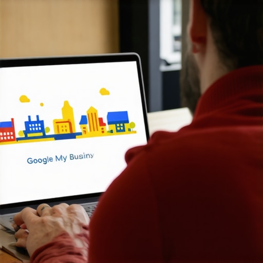 Madison business owner updating Google My Business profile with Wisconsin landmarks in background.