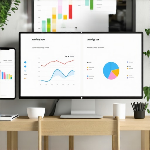 Workspace with SEO software screens displaying analytics, citations, and GMB profiles.