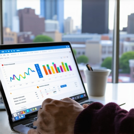 SEO Tools in Action for Madison Local SEO Person analyzing local SEO metrics using software with Madison skyline in view