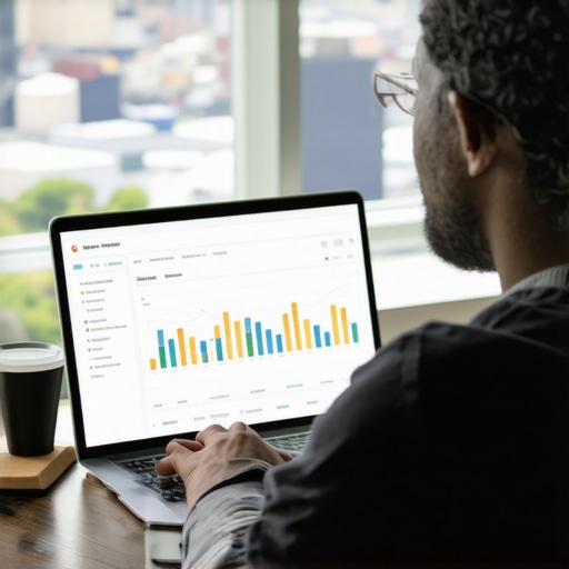 A person analyzing local SEO analytics on a computer with Madison city view