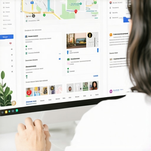 Person working on Google My Business profile on laptop showing maps and business info.